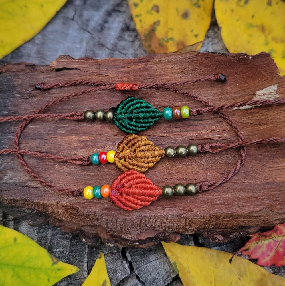 Fall Autumn Rainforest Leaf Macrame Bracelet.